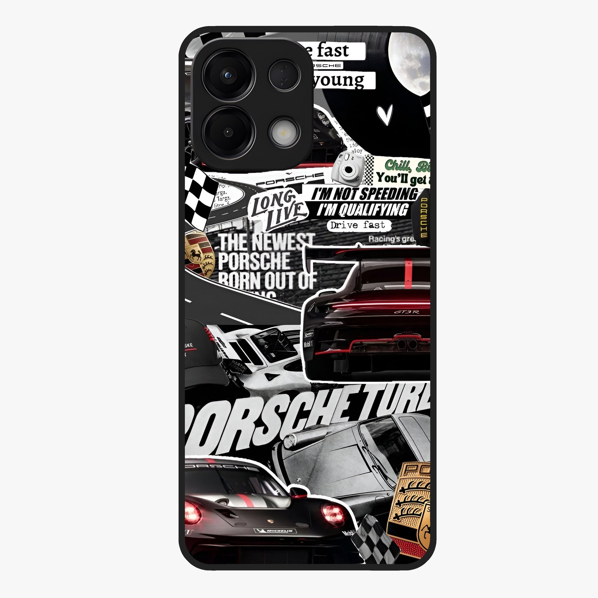 Porsche Racing Collage Glass Case showing flat back view with sports car racing collage artwork and glossy glass finish.