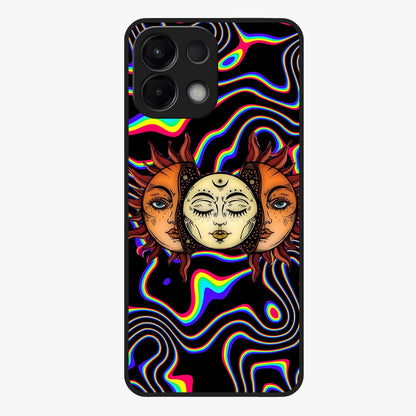 Psychedelic Sun Glass Case showing flat back view with colorful psychedelic sun artwork and glossy glass finish.