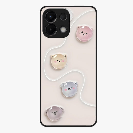 Puffy Face Parade Glass Case showing flat back view with cute puffy character faces artwork and glossy glass finish.