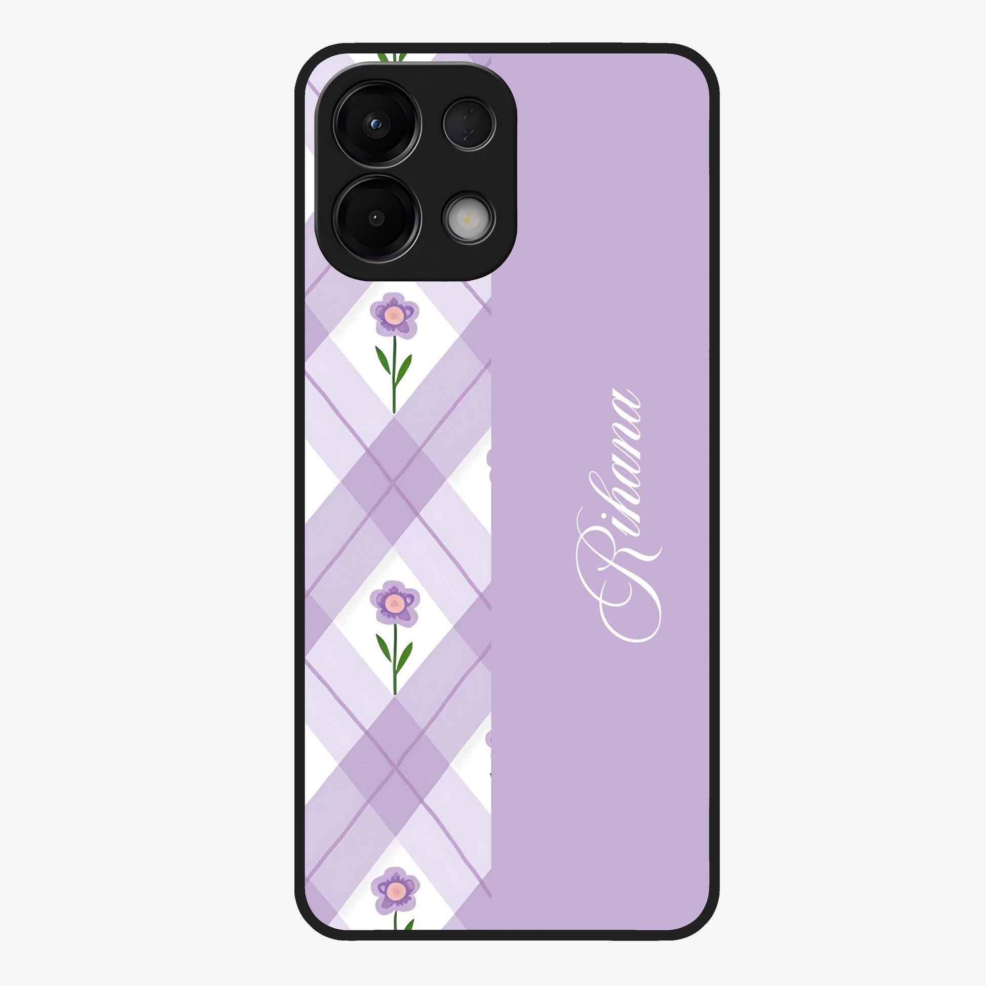 Purple Diamond Floral Glass Case showing flat back view with diamond shaped floral artwork and glossy glass finish.