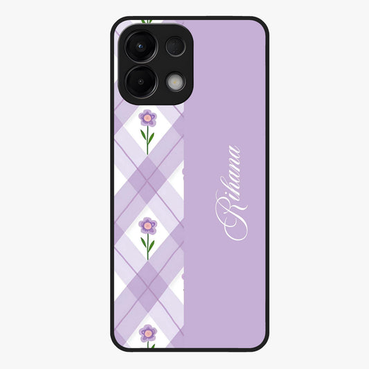 Purple Diamond Floral Glass Case showing flat back view with diamond shaped floral artwork and glossy glass finish.