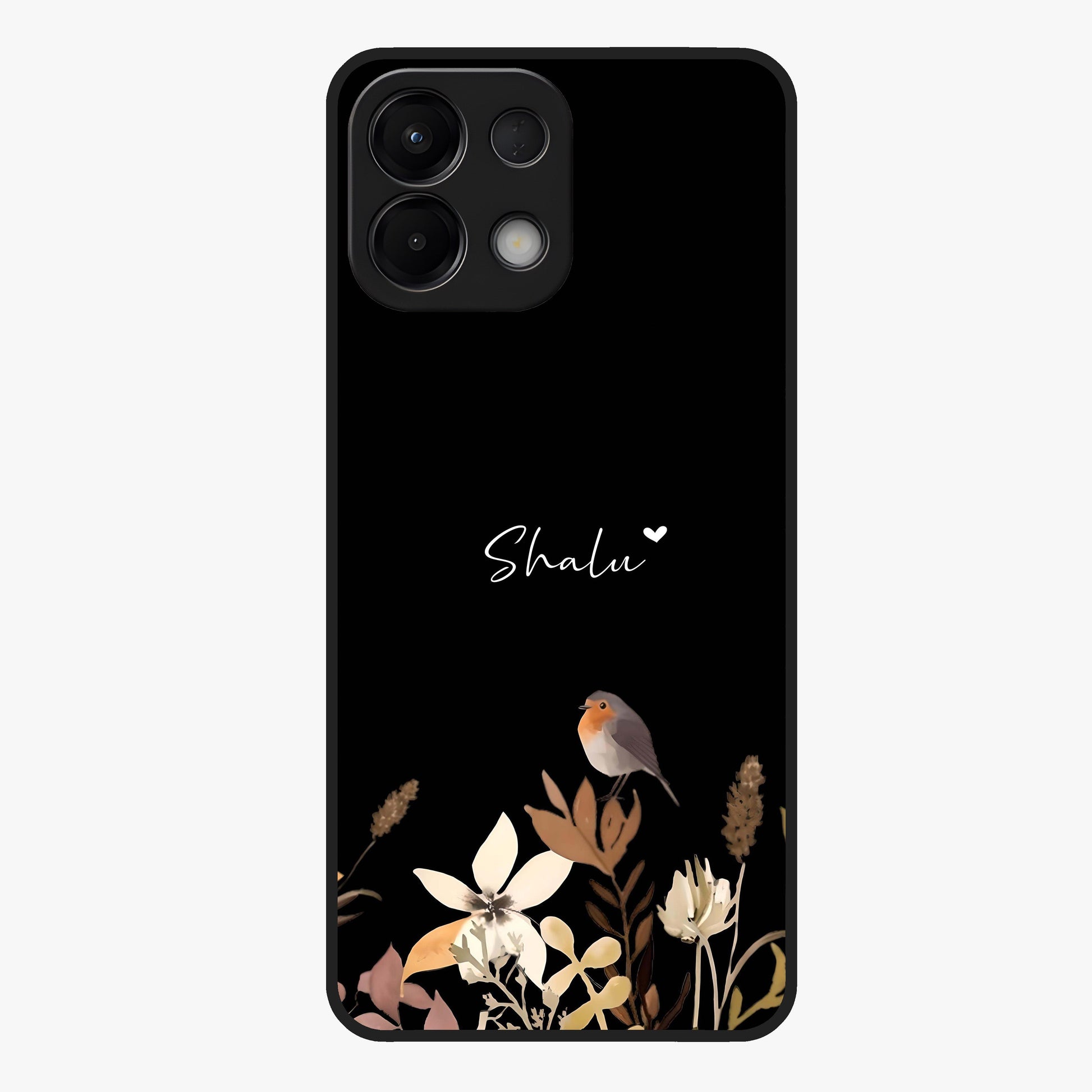 Quiet Garden Tune Custom Name Glass Case showing flat back view with peaceful garden artwork and personalized name design.