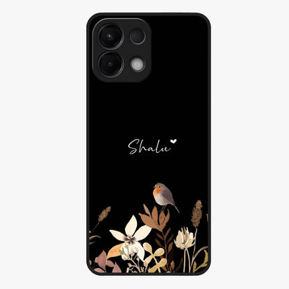Quiet Garden Tune Custom Name Glass Case showing flat back view with peaceful garden artwork and personalized name design.
