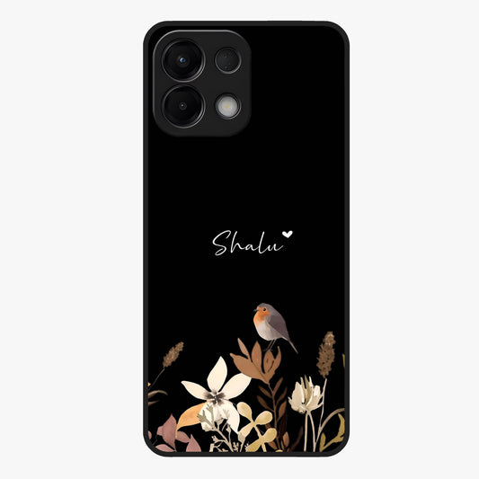 Quiet Garden Tune Custom Name Glass Case showing flat back view with peaceful garden artwork and personalized name design.