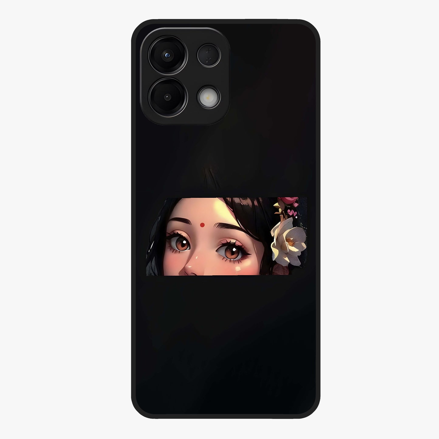 Radha Divine Embrace Glass Case showing flat back view with devotional Radha artwork and glossy glass finish.