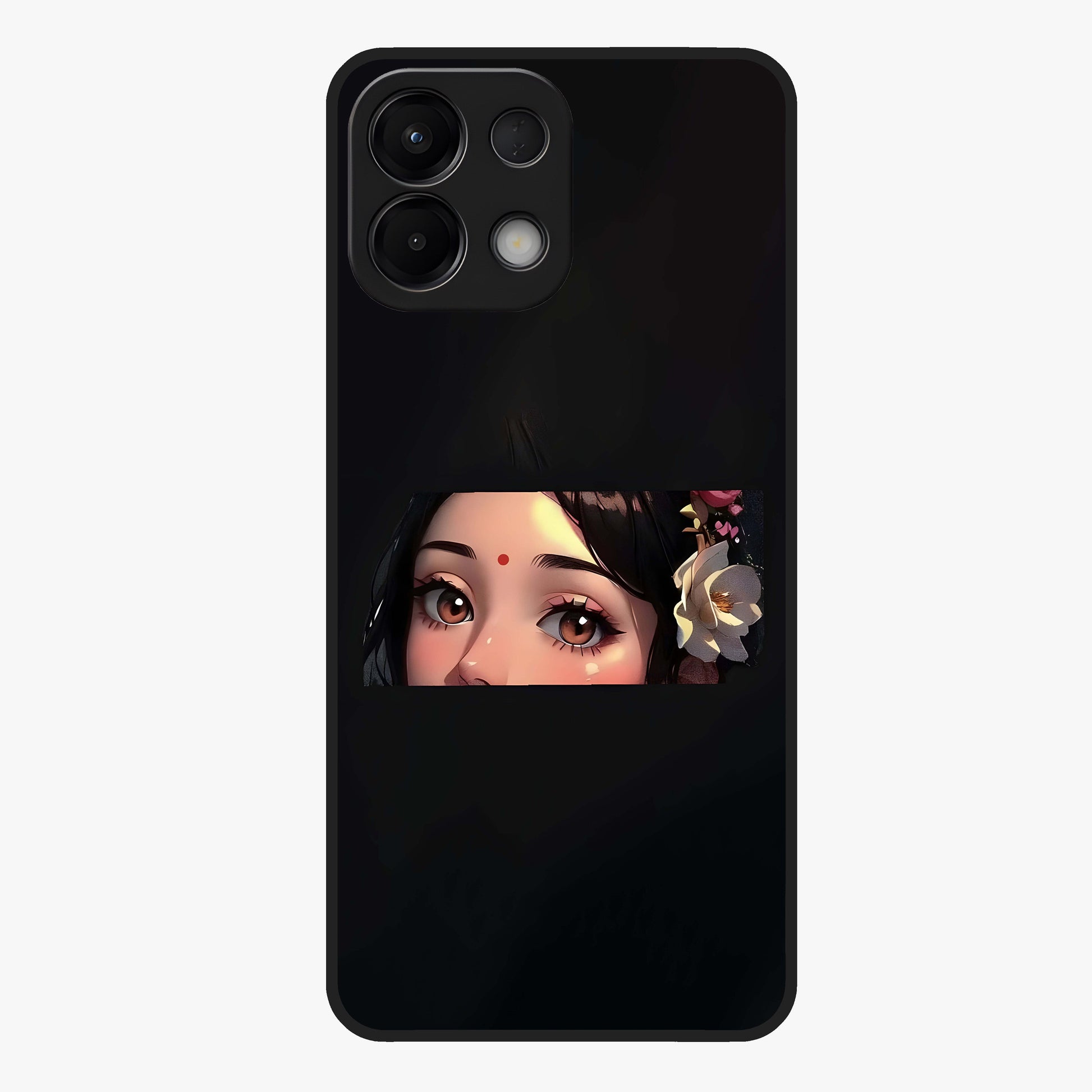 Radha Divine Embrace Glass Case showing flat back view with devotional Radha artwork and glossy glass finish.