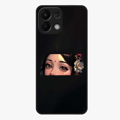 Radha Divine Embrace Glass Case showing flat back view with devotional Radha artwork and glossy glass finish.