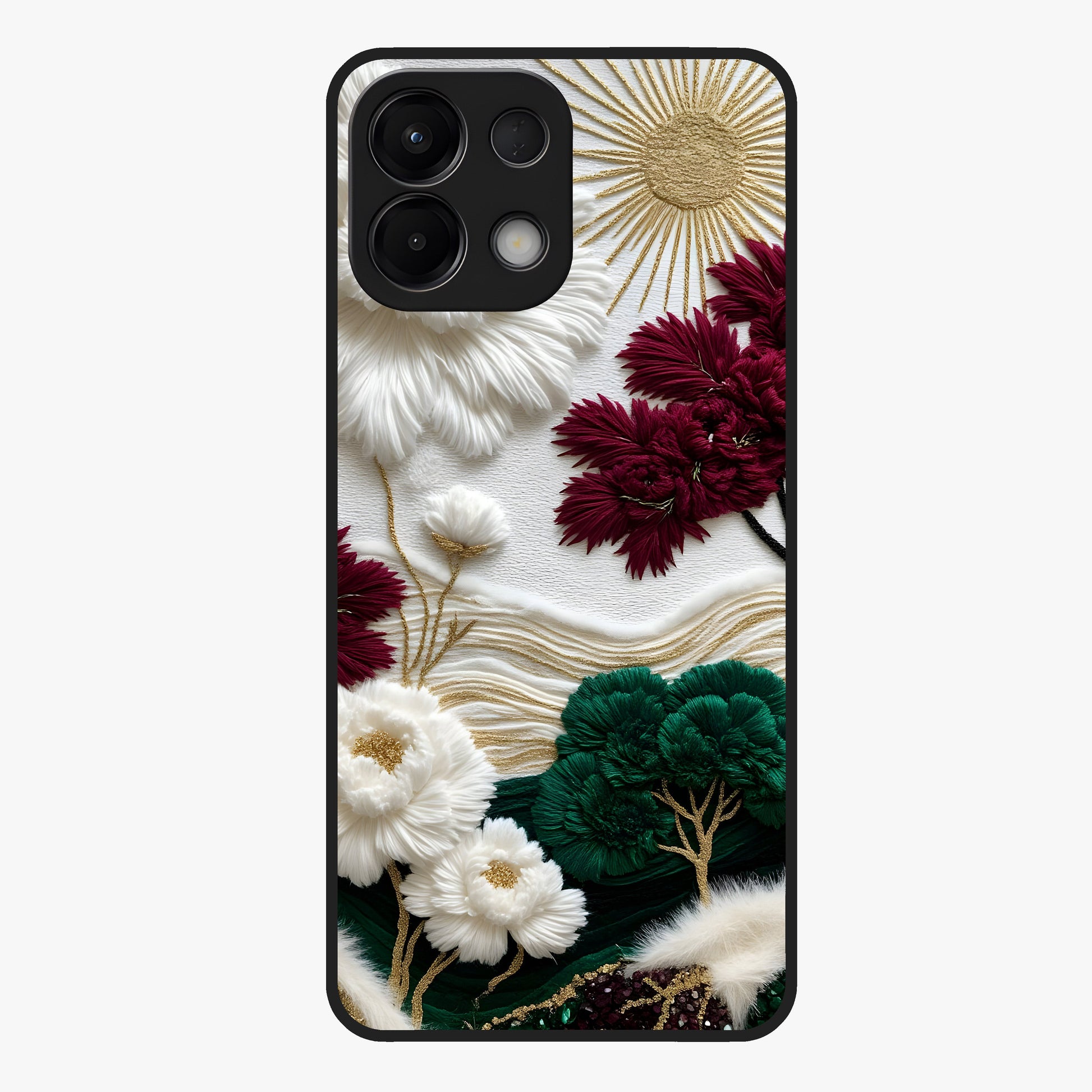 Radiant Bloom Elegance Glass Case showing flat back view with elegant blooming flower artwork and glossy glass finish.