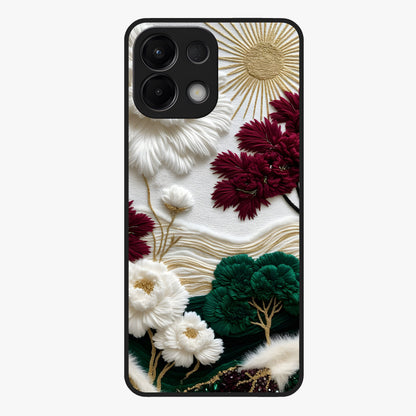 Radiant Bloom Elegance Glass Case showing flat back view with elegant blooming flower artwork and glossy glass finish.