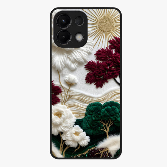 Radiant Bloom Elegance Glass Case showing flat back view with elegant blooming flower artwork and glossy glass finish.