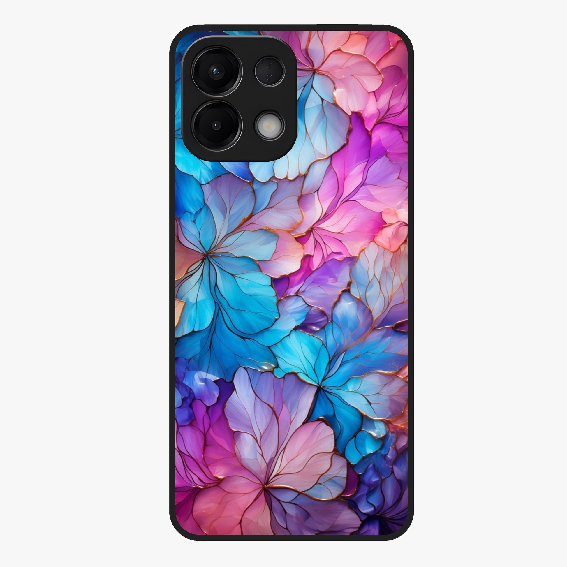 Radiant Floral Whirl Glass Case showing flat back view with swirling floral artwork and glossy glass finish.