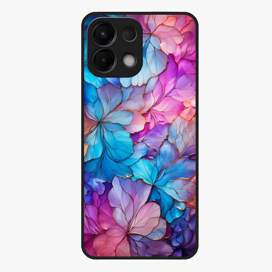Radiant Floral Whirl Glass Case showing flat back view with swirling floral artwork and glossy glass finish.