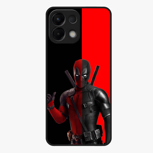 Red & Black Deadpool Theme Glass Case showing flat back view with bold comic inspired artwork and glossy glass finish.