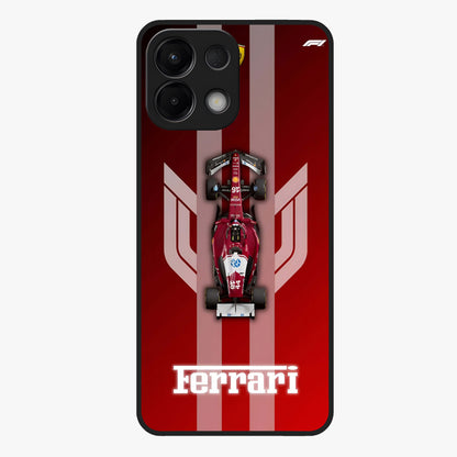 Red Ferrari F1 Vertical Glass Case showing flat back view with sleek Formula racing car artwork and glossy glass finish.