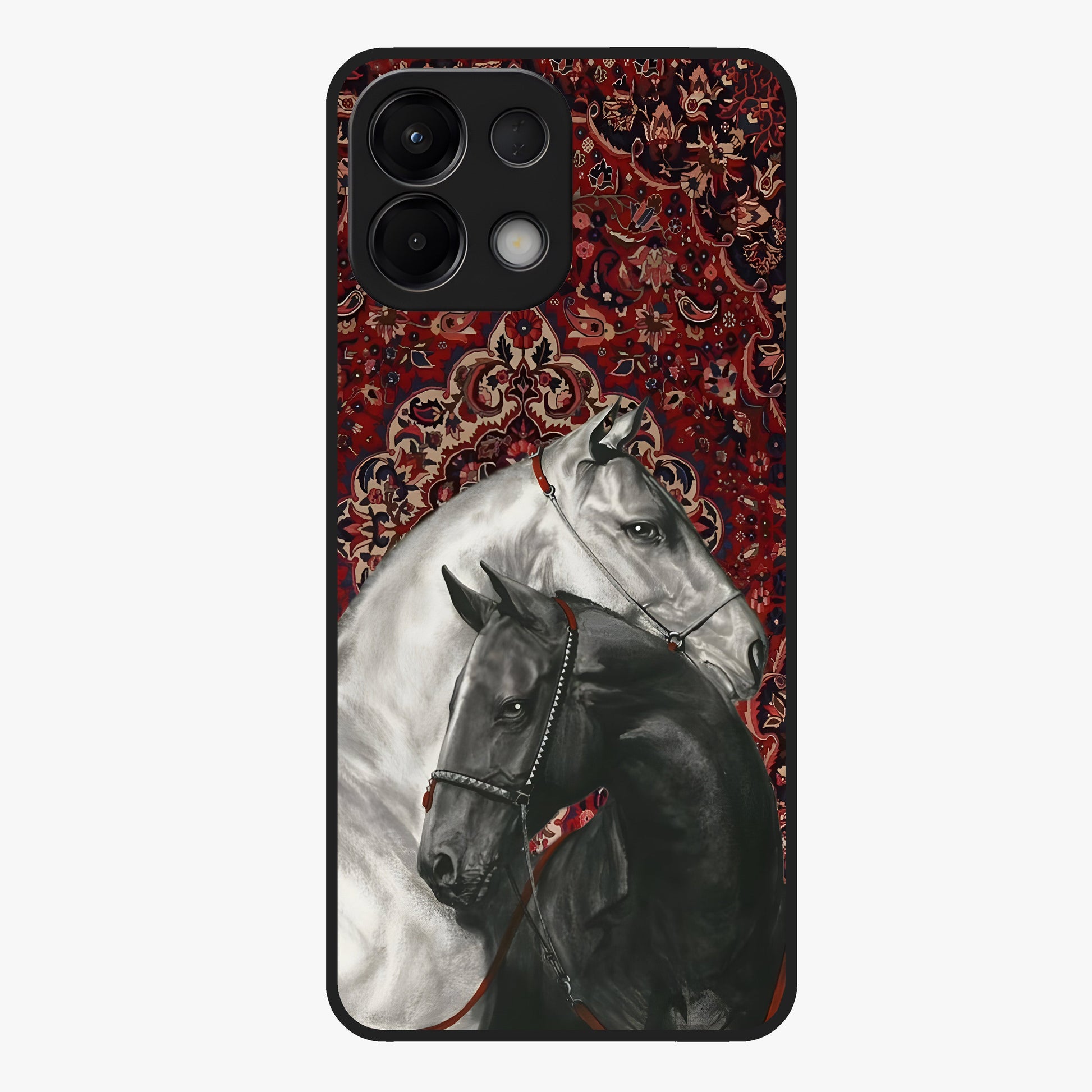 Regal Stallion Tapestry Glass Case showing flat back view with majestic horse tapestry artwork and glossy glass finish.