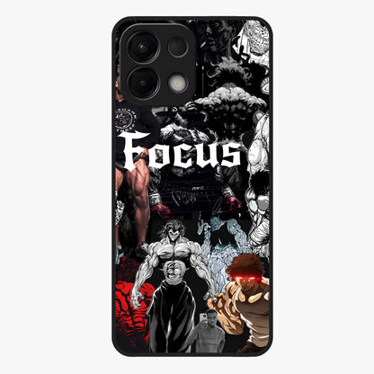 Relentless Power Focus Glass Case showing flat back view with motivational typography artwork and glossy glass finish.