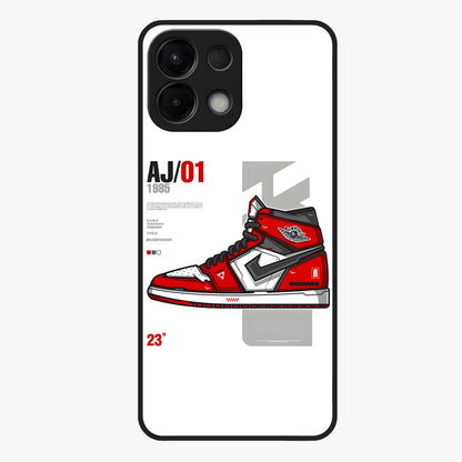 Retro Sneaker Blueprint Glass Case showing flat back view with sneaker blueprint style artwork and glossy glass finish.