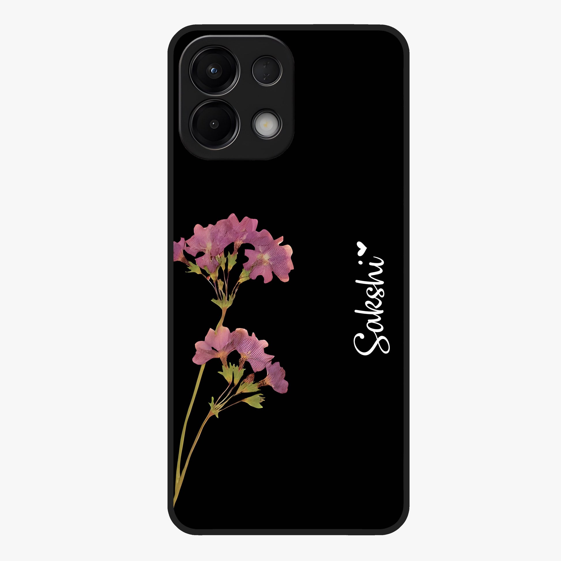 Riching Lavender Flower Custom Name Glass Case showing flat back view with lavender floral artwork and personalized name design.