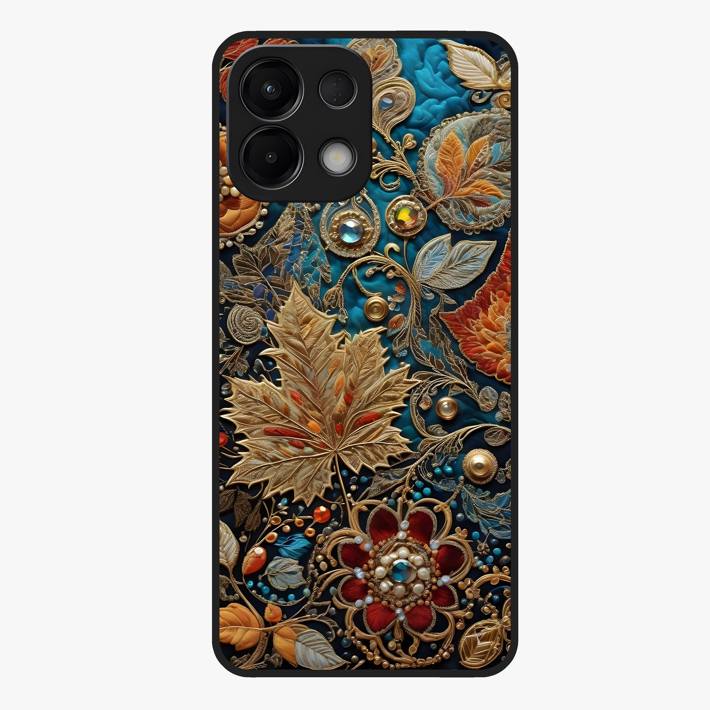 Royal Jewel Garden Glass Case showing flat back view with decorative floral garden artwork and glossy glass finish.