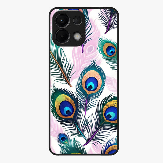 Royal Peacock Feathers Glass Case showing flat back view with colorful peacock feather artwork and glossy glass finish.