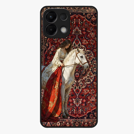 Royal Rider Tapestry Glass Case showing flat back view with majestic horse rider tapestry artwork and glossy glass finish.