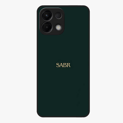 Sabr Minimal Patience Glass Case showing flat back view with minimalist typography artwork and glossy glass finish.
