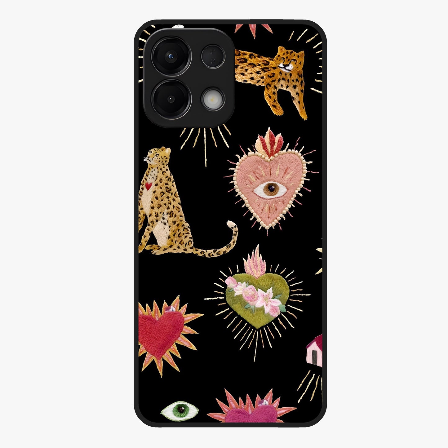 Sacred Jungle Heart Glass Case showing flat back view with jungle inspired heart artwork and glossy glass finish.