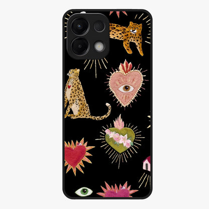Sacred Jungle Heart Glass Case showing flat back view with jungle inspired heart artwork and glossy glass finish.
