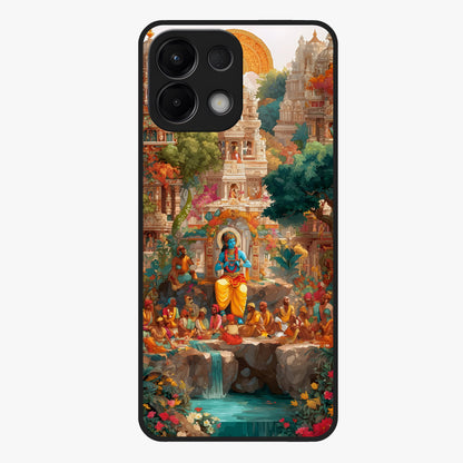 Sacred Sunlight Gods Glass Case showing flat back view with divine sunlight themed artwork and glossy glass finish.