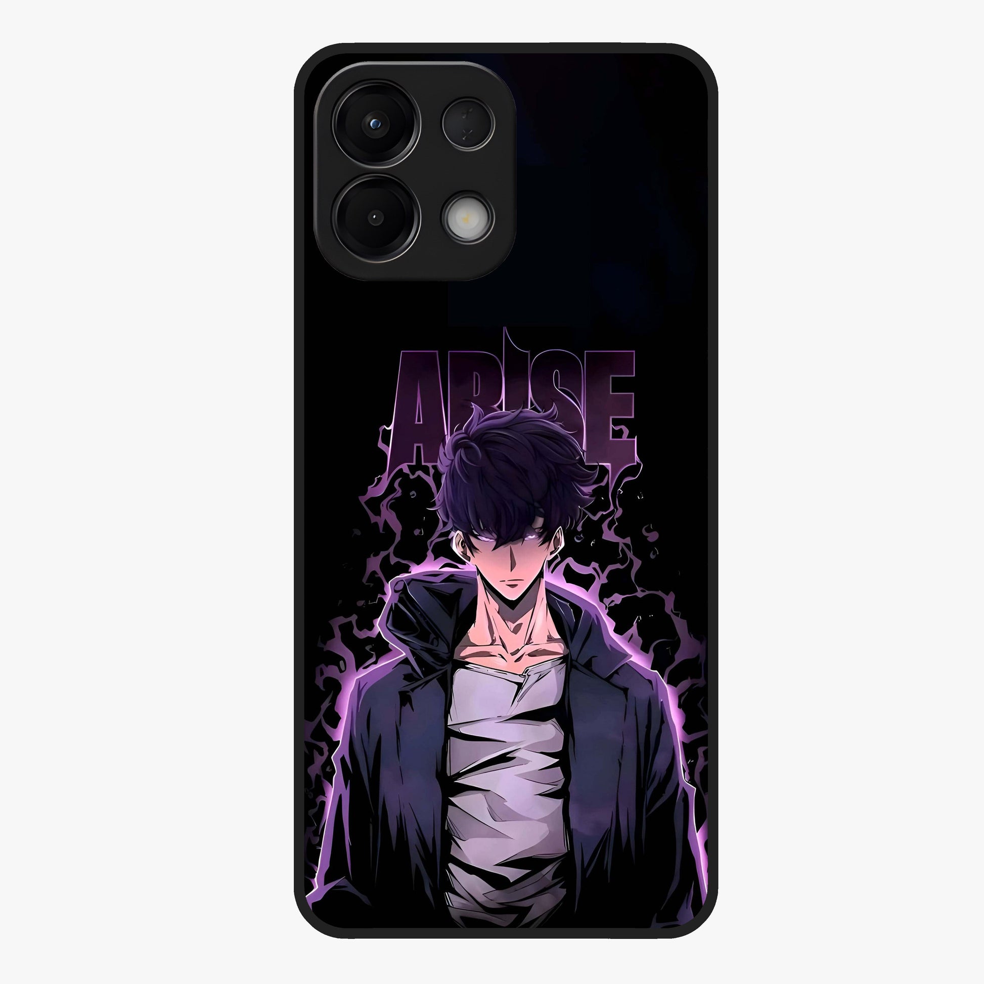 Shadow Monarch Awakening Glass Case showing flat back view with powerful dark monarch themed artwork and glossy glass finish.