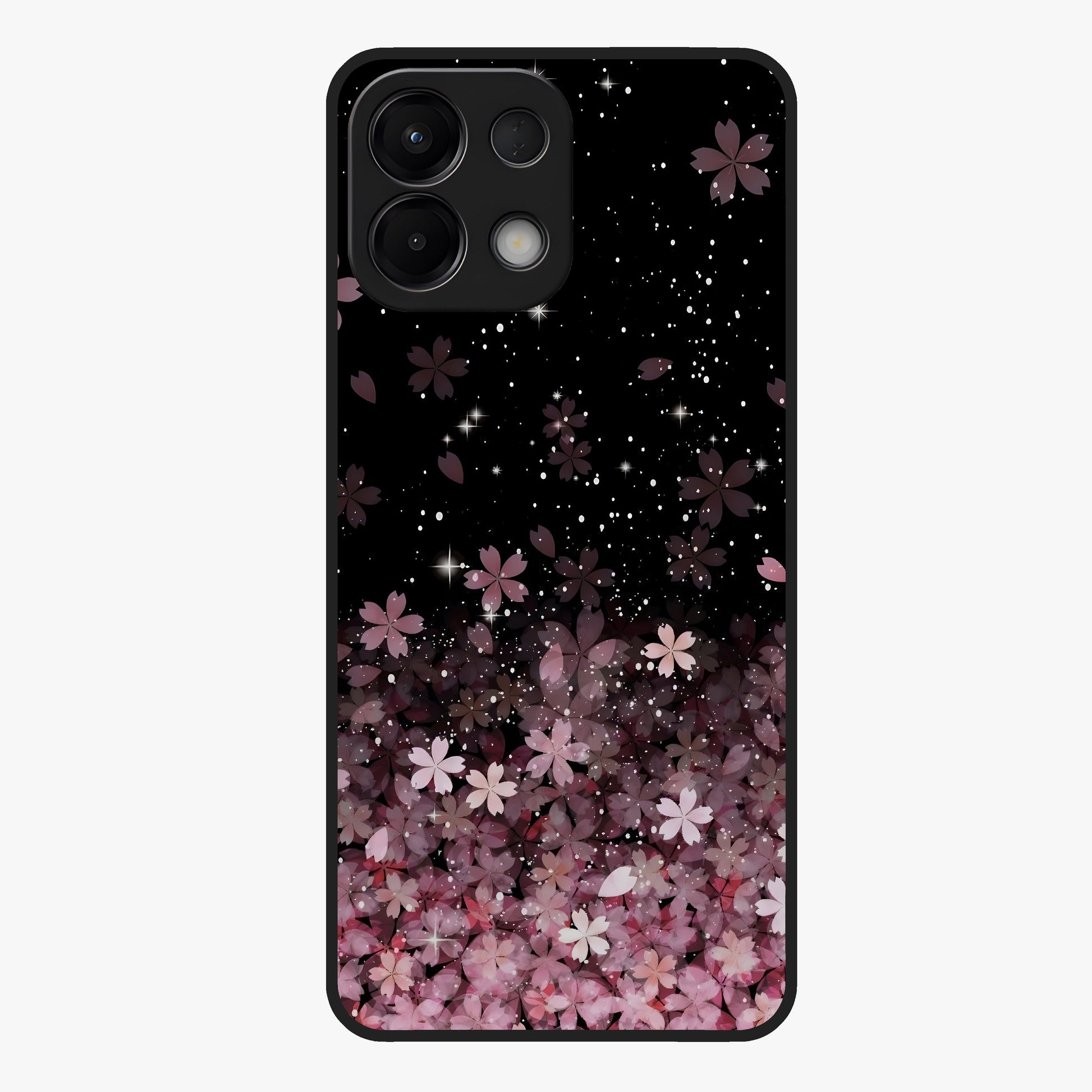 Small Starry Flowers Glass Case showing flat back view with delicate starry floral artwork and glossy glass finish.