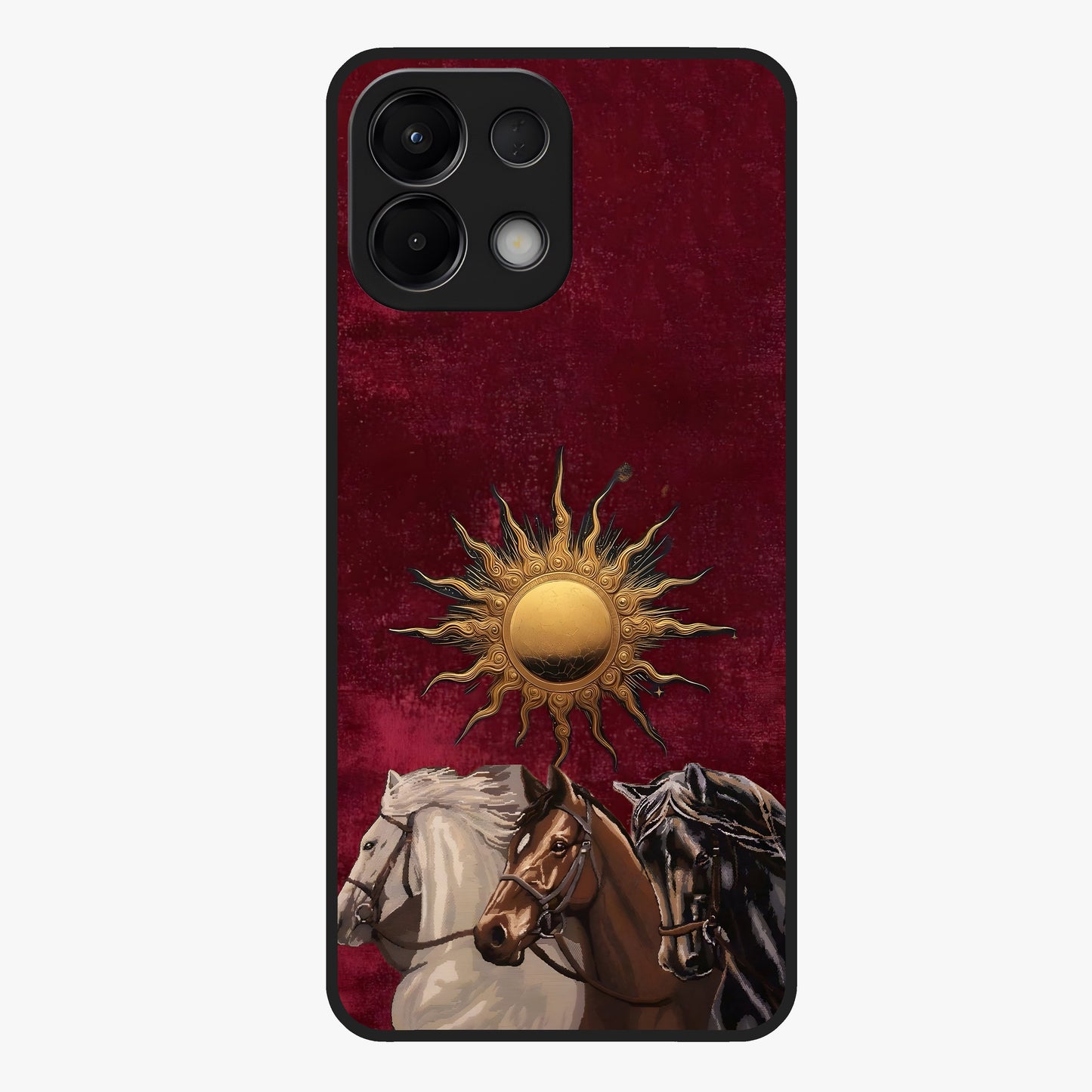 Solar Riders Glass Case showing flat back view with dynamic rider themed artwork and glossy glass finish.
