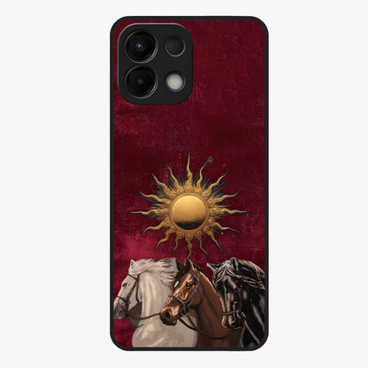 Solar Riders Glass Case showing flat back view with dynamic rider themed artwork and glossy glass finish.