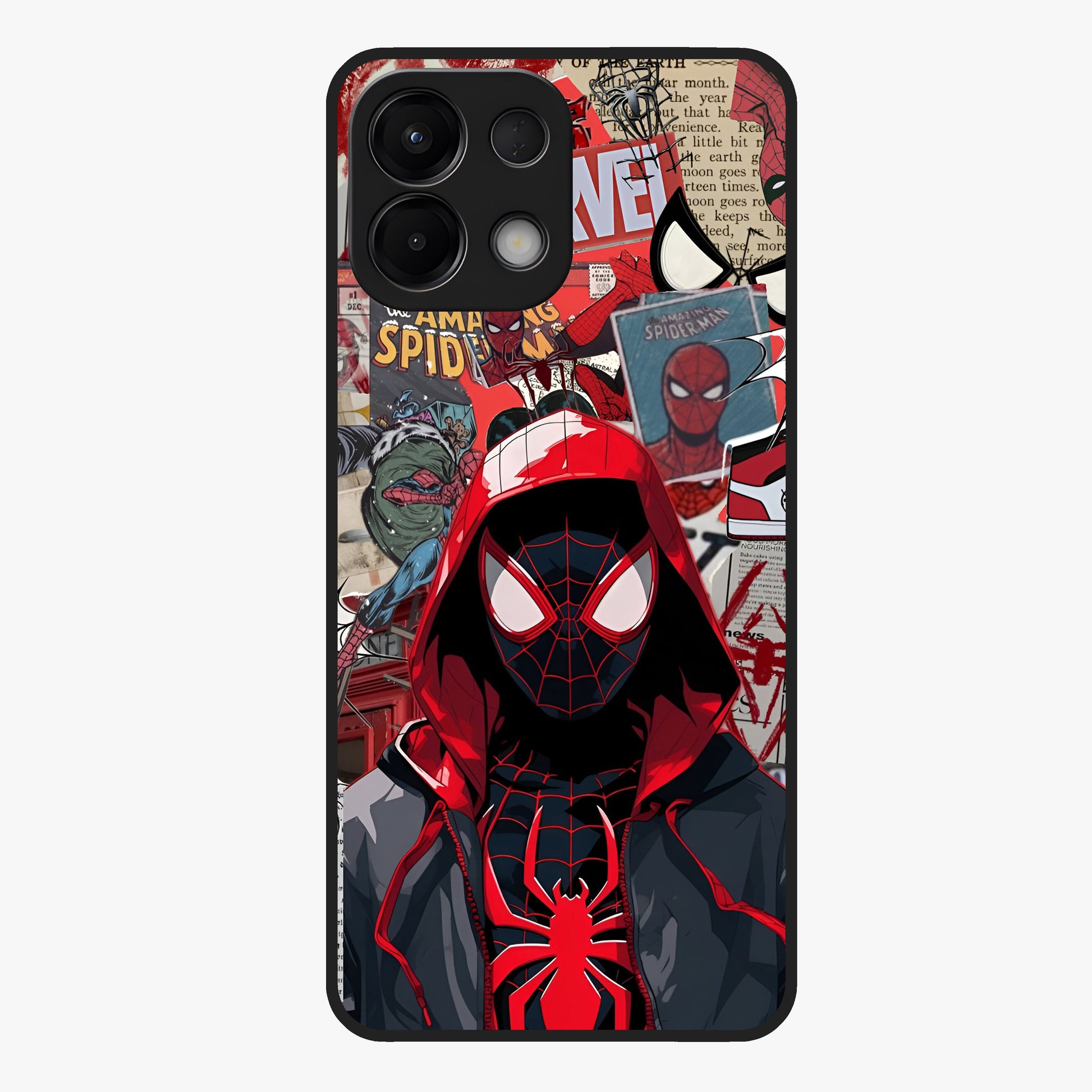 Spider Collage Street Glass Case showing flat back view with vibrant superhero collage artwork and glossy glass finish.