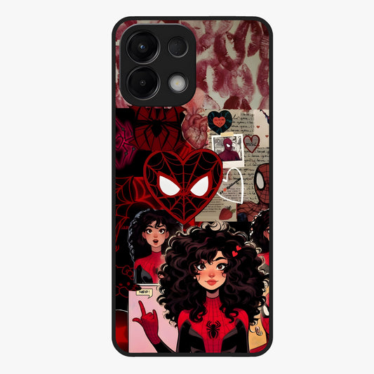 Spider Love Story Glass Case showing flat back view with romantic superhero themed artwork and glossy glass finish.