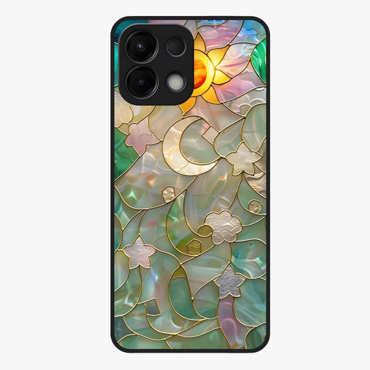 Stained Sunrise Glow Glass Case showing flat back view with glowing sunrise stained pattern artwork and glossy glass finish.