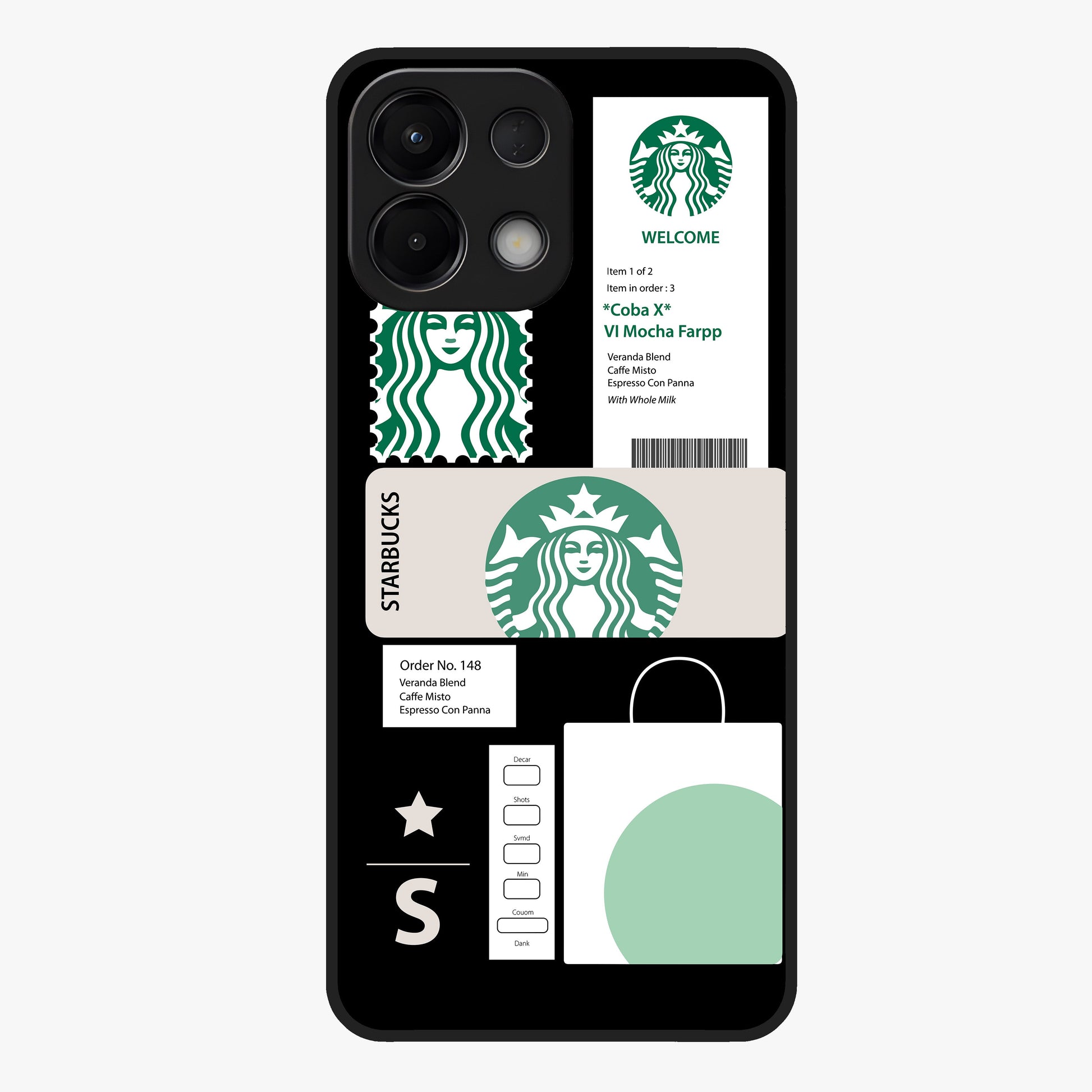 Starbucks Mocha Glass Case showing flat back view with coffee inspired artwork and glossy glass finish.