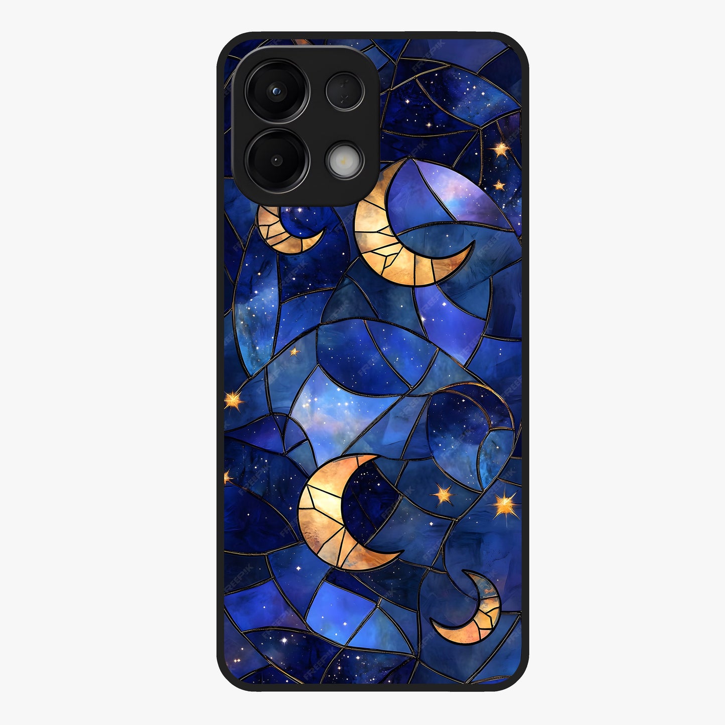 Starlit Sky Tapestry Glass Case showing flat back view with decorative starry sky tapestry artwork and glossy glass finish.