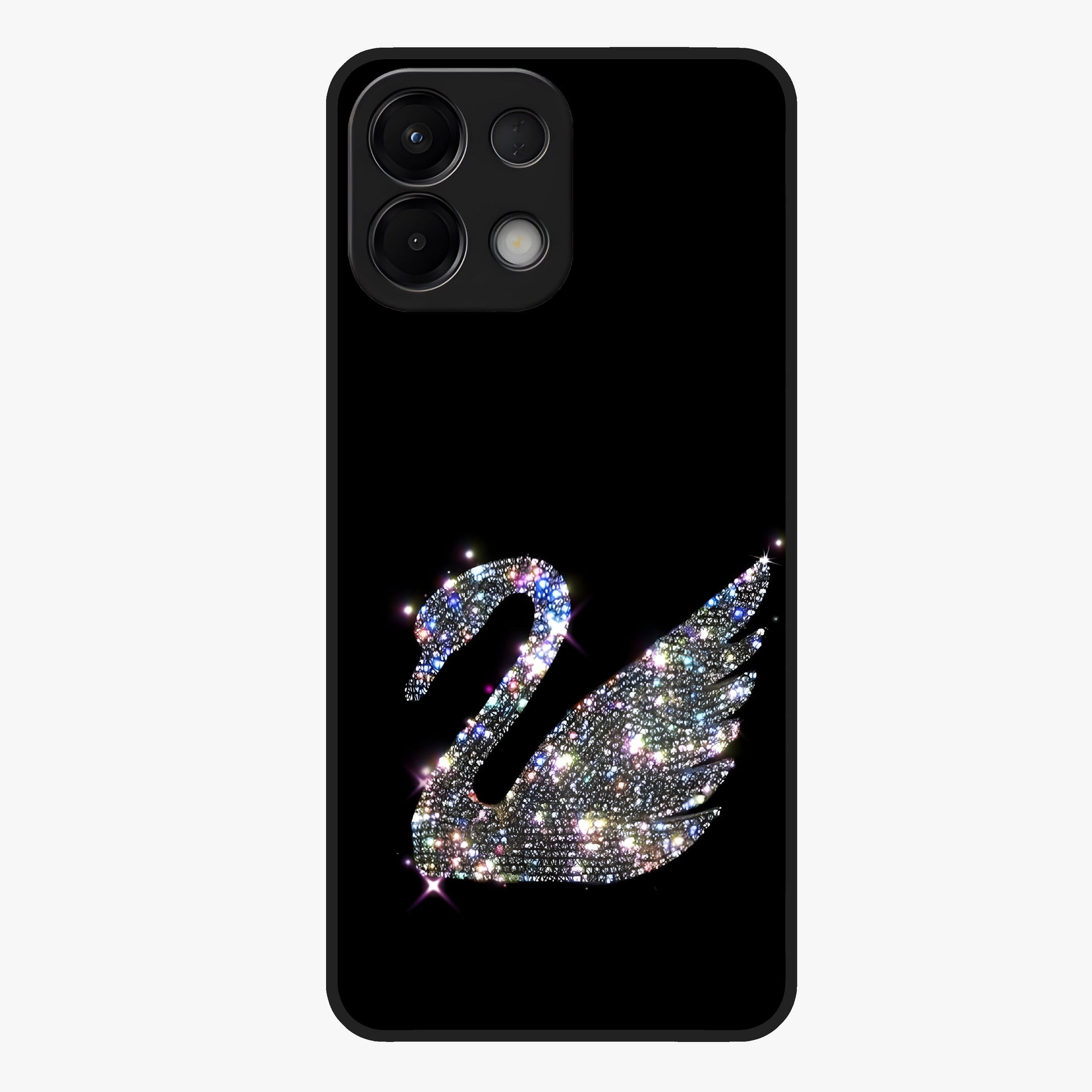 Starlit Swan Grace Glass Case showing flat back view with graceful swan artwork under starry sky and glossy glass finish.
