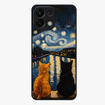 Starry River Cats Glass Case showing flat back view with cats by a starry river artwork and glossy glass finish.