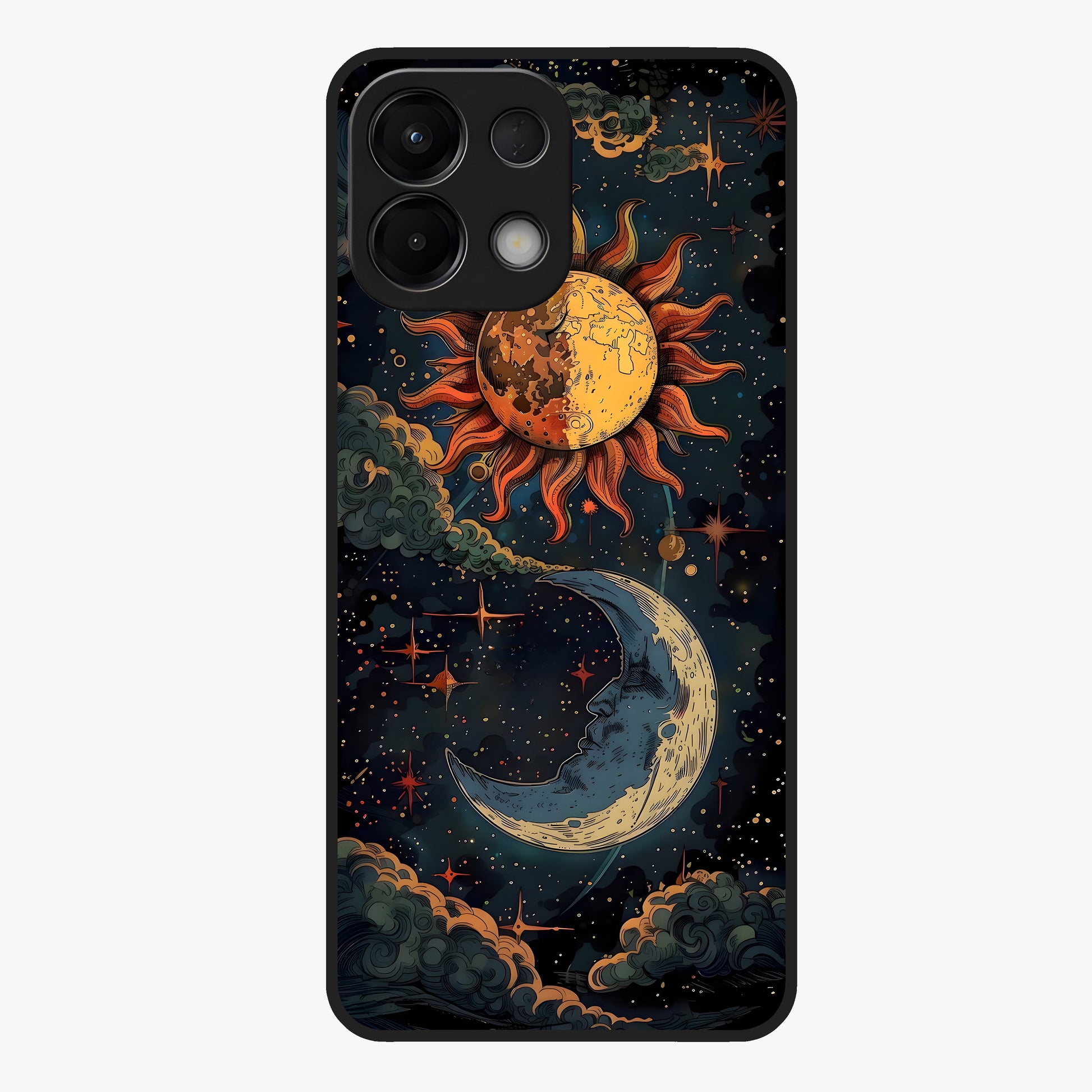 Sun And Moon Magic Design Glass Case showing flat back view with mystical sun and moon artwork and glossy glass finish.