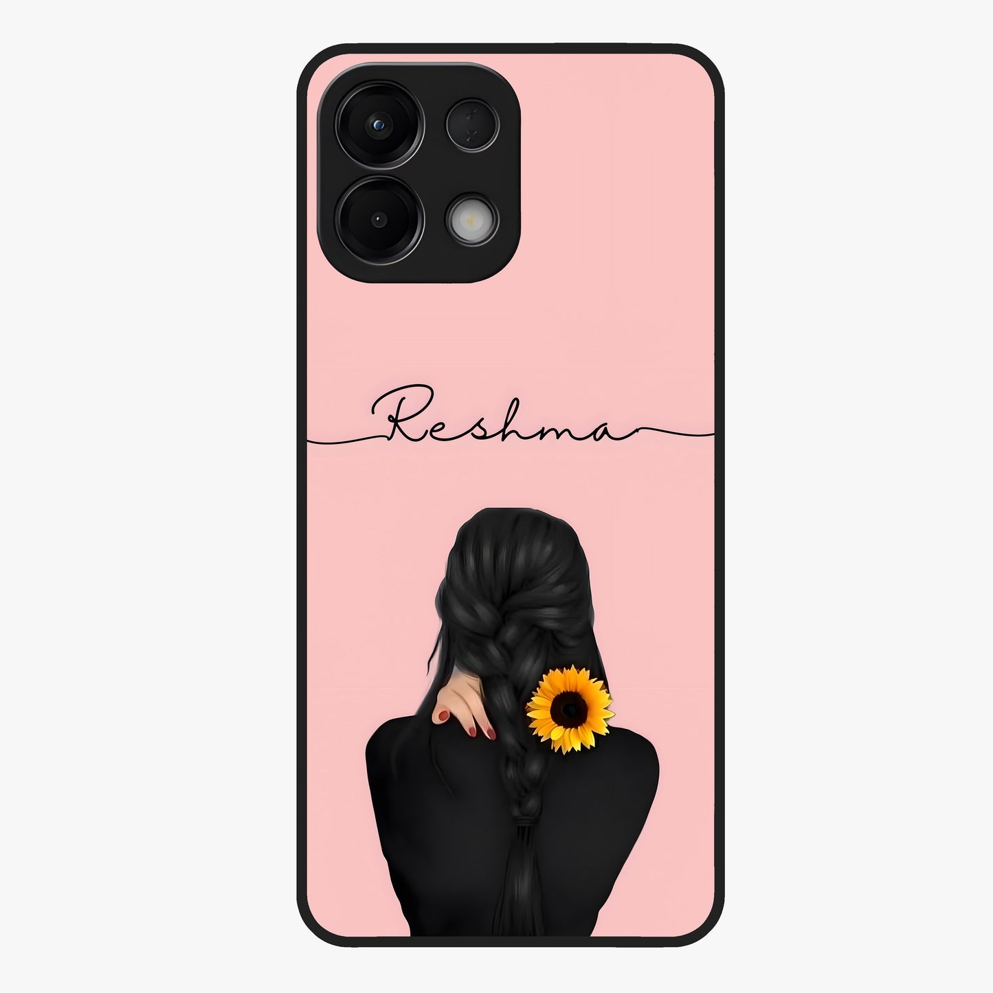 Sunflower Braid Beauty With Custom Name Glass Case showing flat back view with sunflower braid artwork and personalized name design.