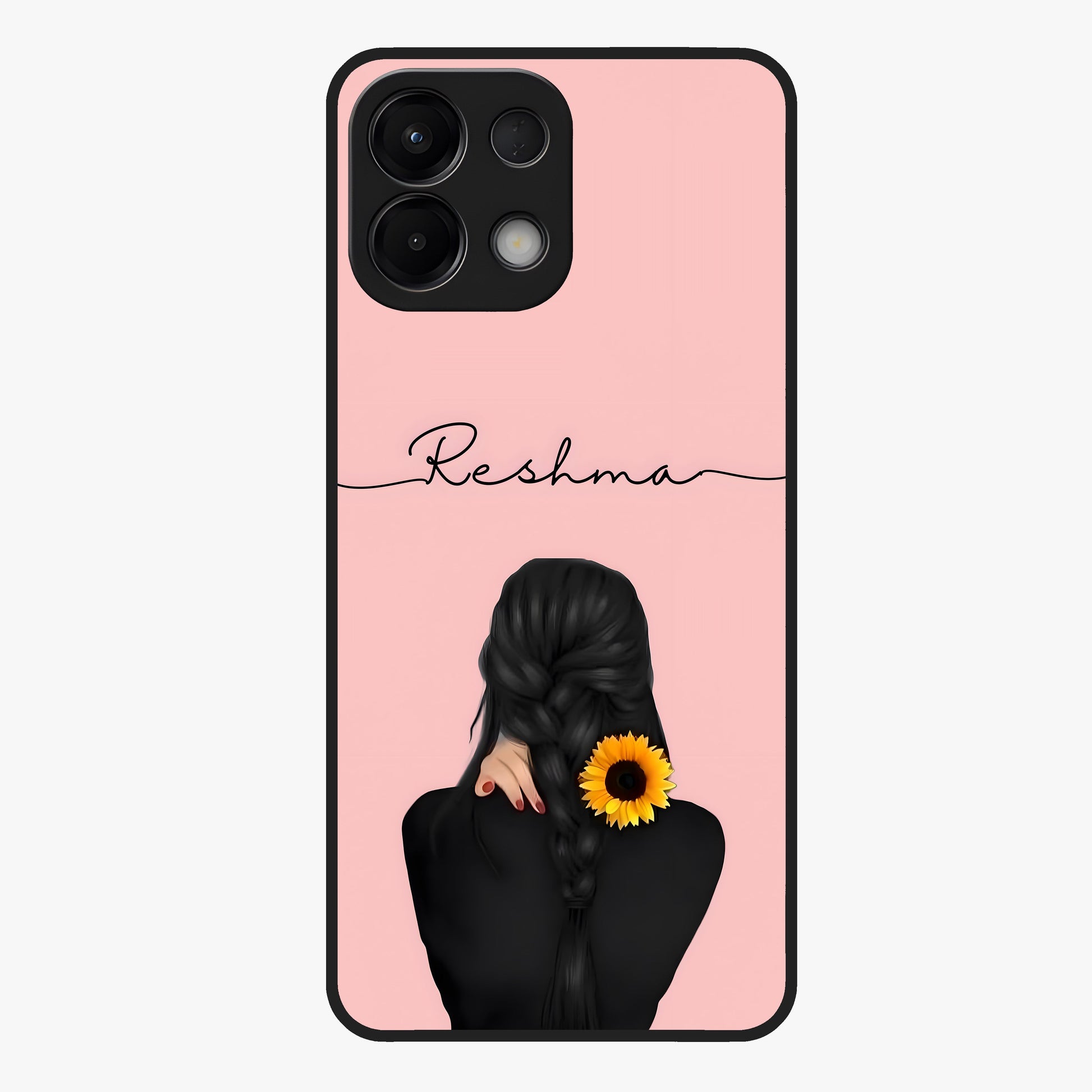 Sunflower Braid Beauty With Custom Name Glass Case showing flat back view with sunflower braid artwork and personalized name design.