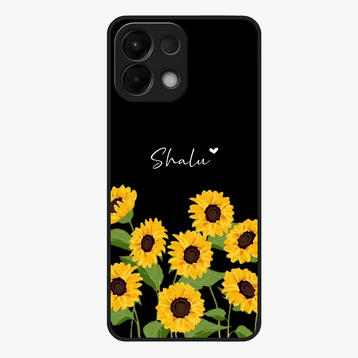 Sunflower Chic Mood Custom Name Glass Case showing flat back view with stylish sunflower artwork and personalized name design.