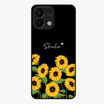 Sunflower Chic Mood Custom Name Glass Case showing flat back view with stylish sunflower artwork and personalized name design.