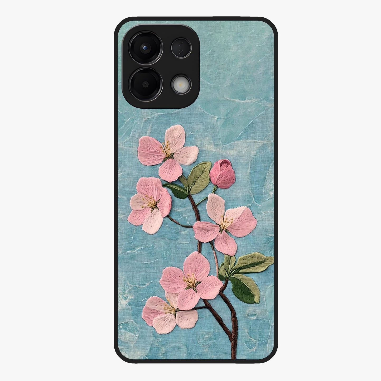 Threaded Blossom Breeze Glass Case showing flat back view with delicate blossom artwork and glossy glass finish.
