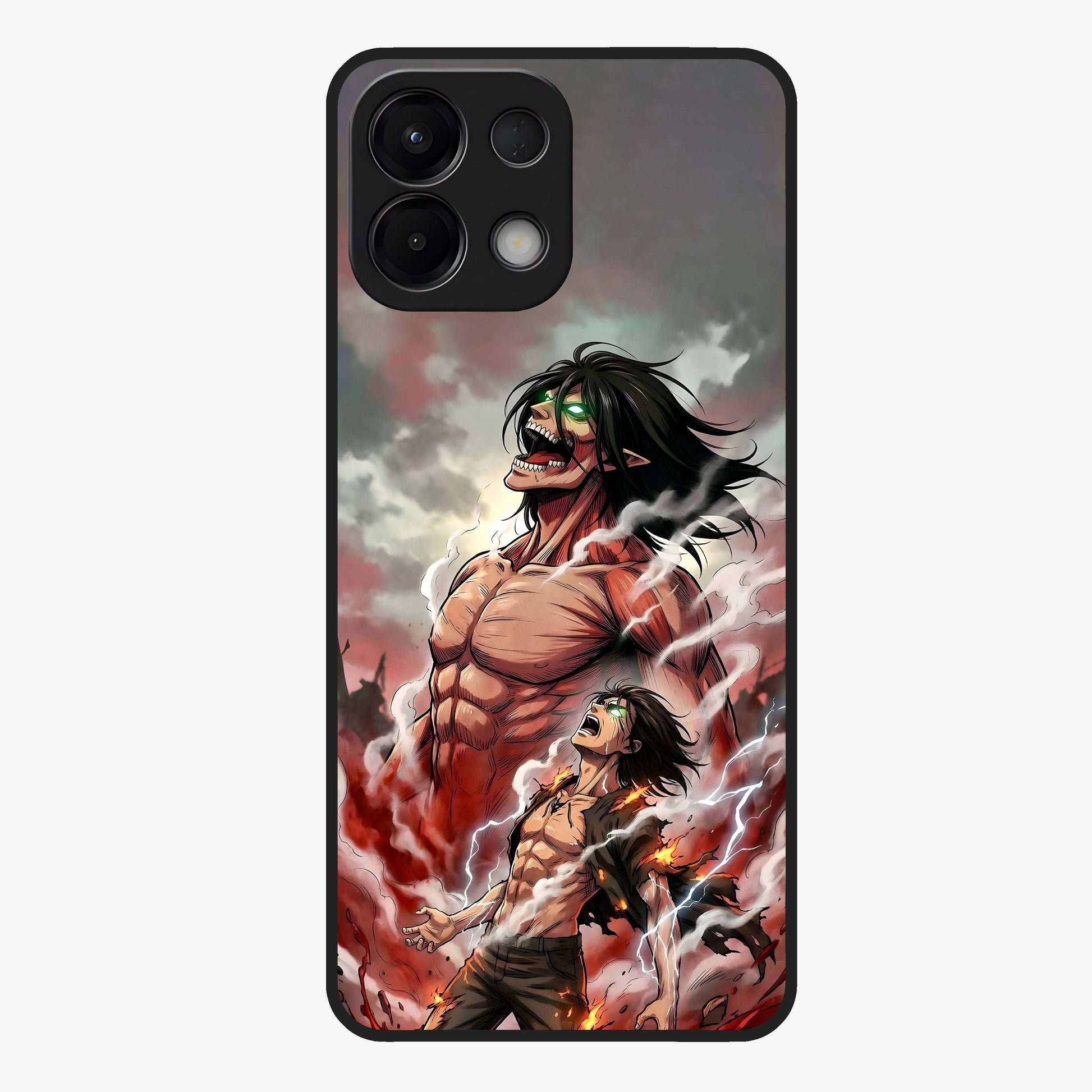Titan Awakening Fury Glass Case showing flat back view with powerful titan inspired artwork and glossy glass finish.