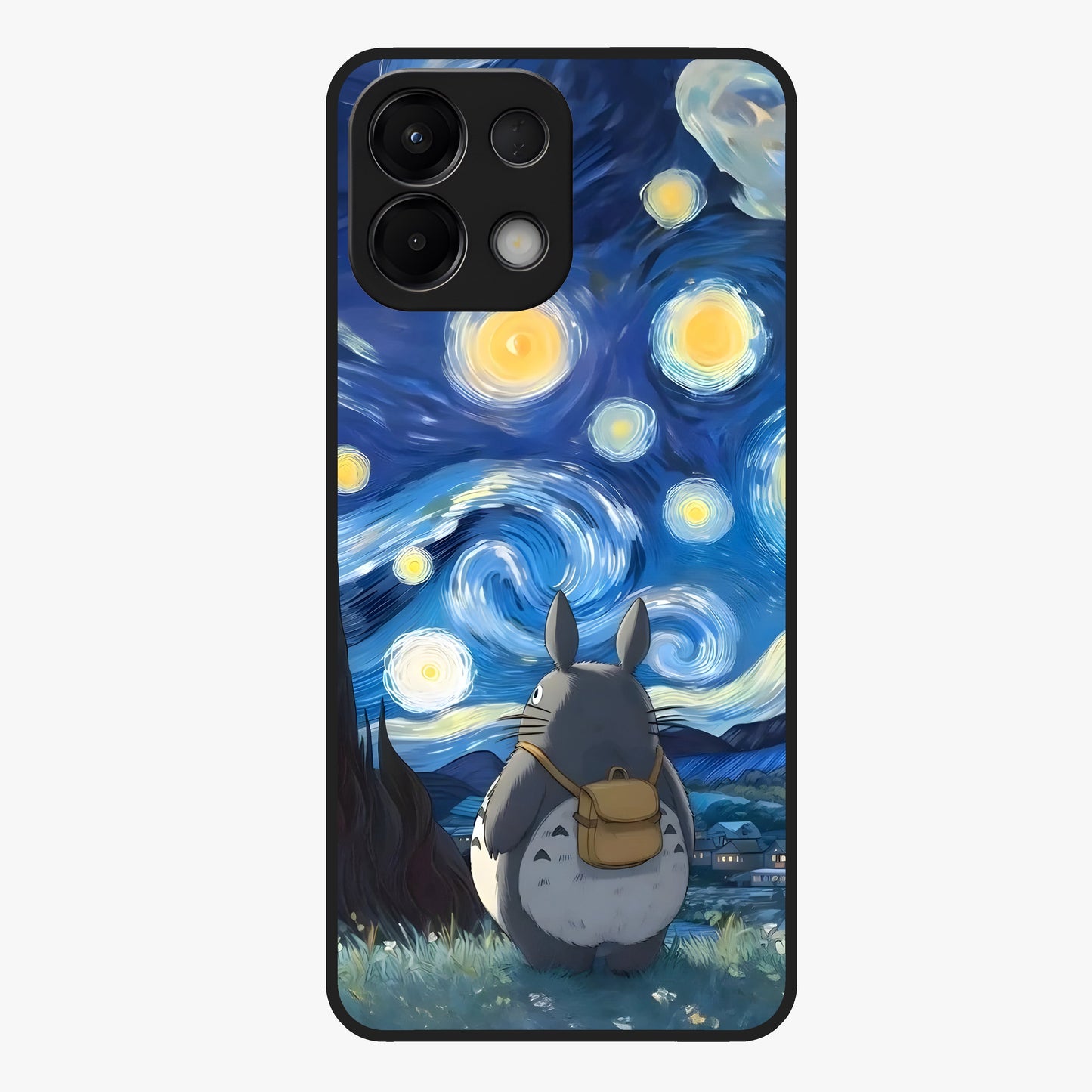 Totoro In Van Gogh Art Glass Case showing flat back view with whimsical character artwork inspired by Van Gogh style and glossy glass finish.
