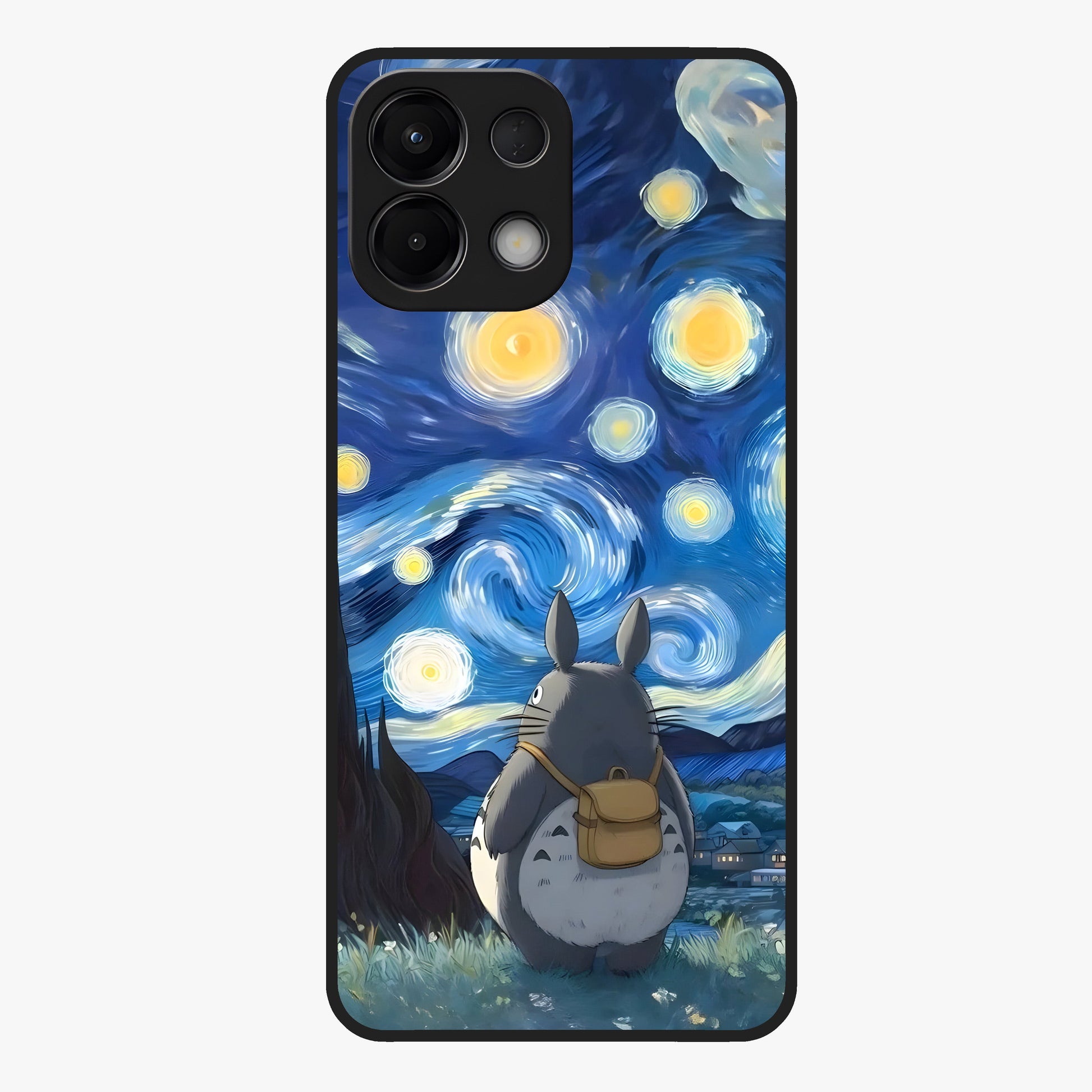 Totoro In Van Gogh Art Glass Case showing flat back view with whimsical character artwork inspired by Van Gogh style and glossy glass finish.