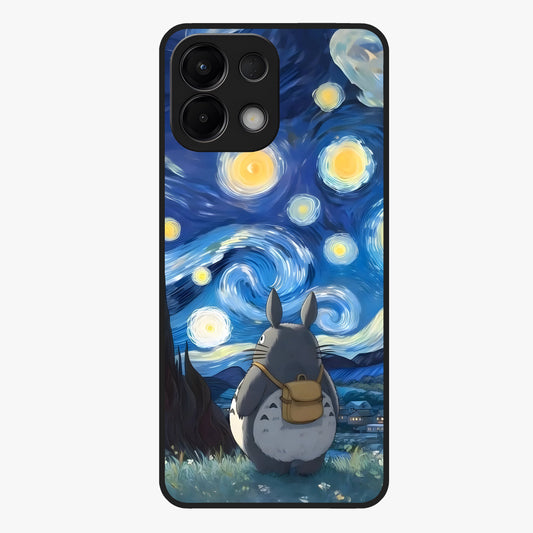 Totoro In Van Gogh Art Glass Case showing flat back view with whimsical character artwork inspired by Van Gogh style and glossy glass finish.